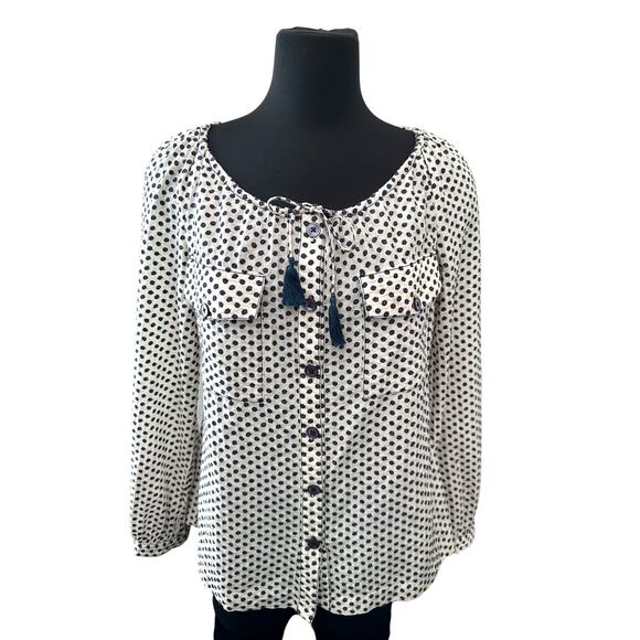 TORY BURCH | Ivory Navy Dot Blouse Tassel Tie Top | Size 6 - Picture 2 of 8